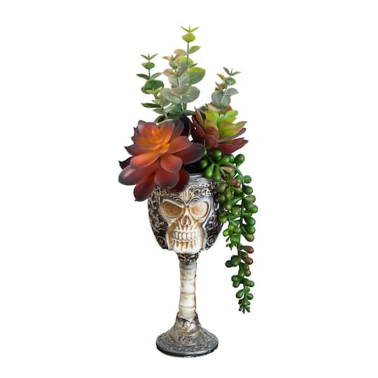11" Artificial Halloween Succulent Garden in Skull Chalice Planter